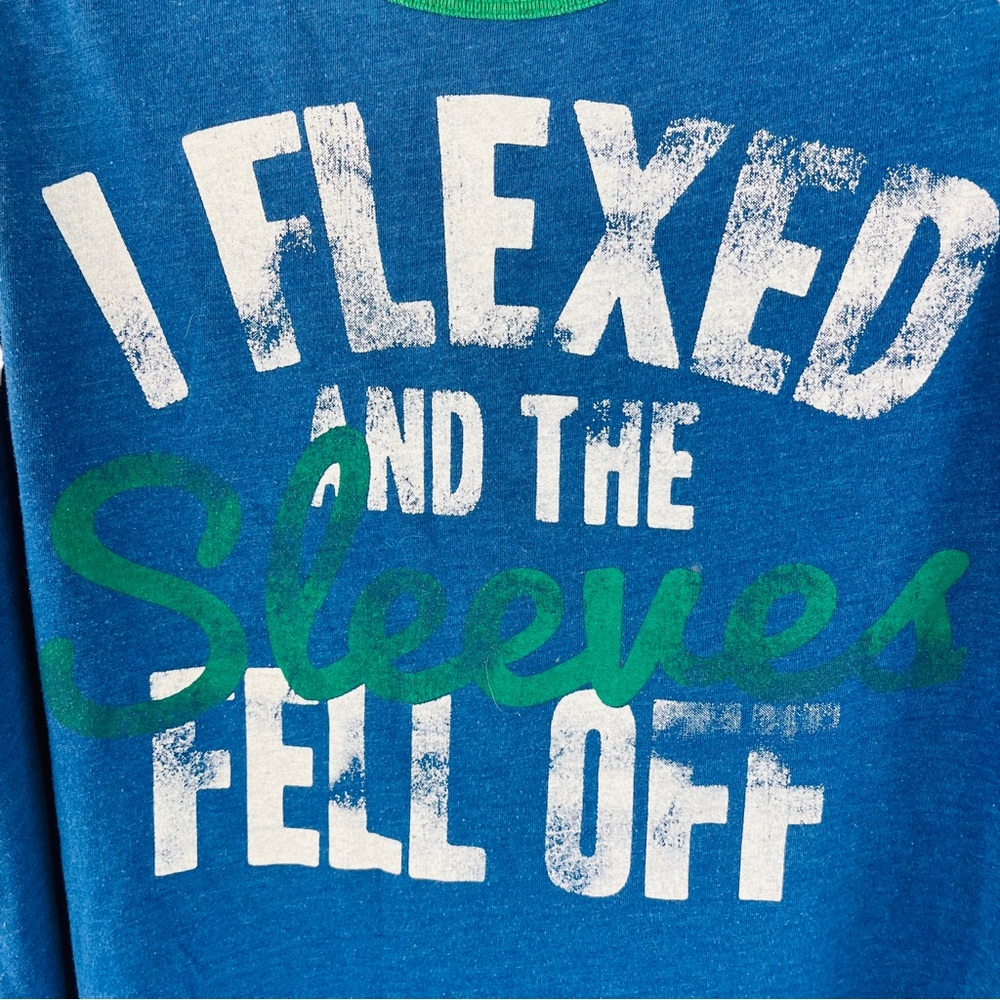 I Flexed And The Sleeves Fell Off Tank Top | Blue with Green Trim | Men's Size L - Picture 5 of 10